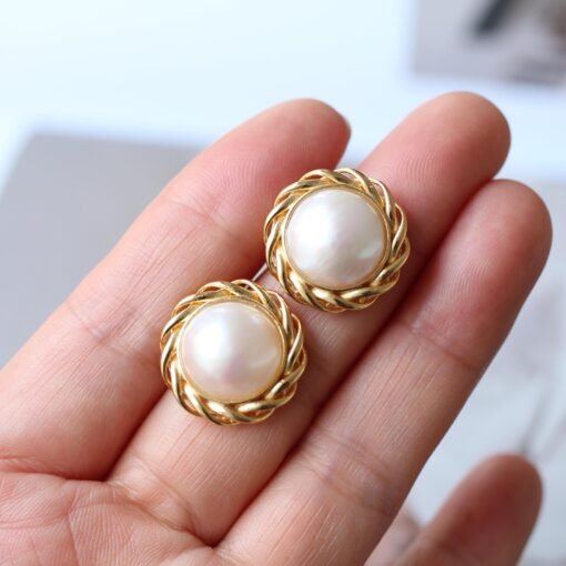 Genuine Seawater Mabe Pearl Stud Earrings s925 Silver|Handmade Uique Vintage Mabe Pearl Jewelry|Statement Wedding Pearl Earrings women - Image 3