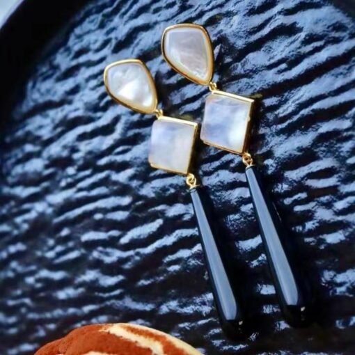 Natural Black Agate Drop Earrings Silver|Unique Black Gemstone Earrings Women|Statement Black Agate Earring|Long Gemstone Earrings For Her - Image 2