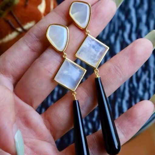 Natural Black Agate Drop Earrings Silver|Unique Black Gemstone Earrings Women|Statement Black Agate Earring|Long Gemstone Earrings For Her - Image 8