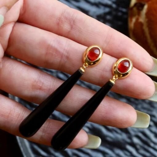 Natural Long Teardrop Black Agate Earrings Silver|Unique Long Pear Black Gemstone Earrings Women|Statement Black Agate with Garnet Earring - Image 8
