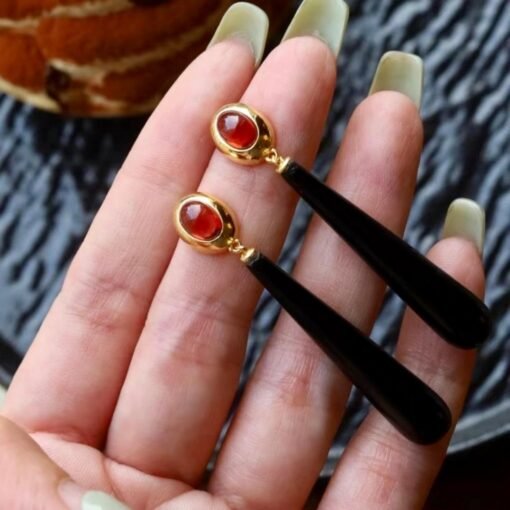 Natural Long Teardrop Black Agate Earrings Silver|Unique Long Pear Black Gemstone Earrings Women|Statement Black Agate with Garnet Earring - Image 6