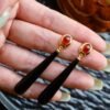 Natural Long Teardrop Black Agate Earrings Silver|Unique Long Pear Black Gemstone Earrings Women|Statement Black Agate with Garnet Earring