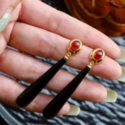 Natural Long Teardrop Black Agate Earrings Silver|Unique Long Pear Black Gemstone Earrings Women|Statement Black Agate with Garnet Earring