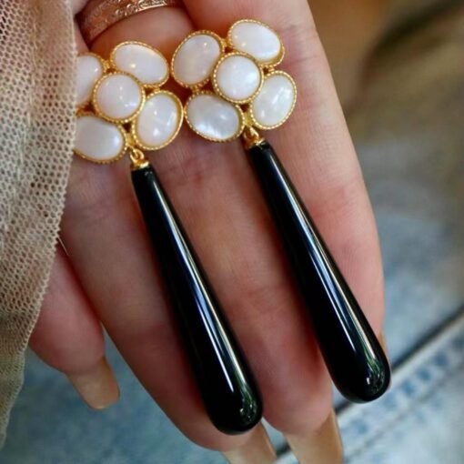 Natural Black Agate Drop Earrings Silver|Unique Black Gemstone Earrings Women|Statement Black Agate Earring|Long Gemstone Earrings For Her - Image 2
