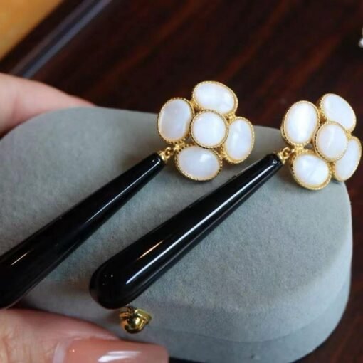 Natural Black Agate Drop Earrings Silver|Unique Black Gemstone Earrings Women|Statement Black Agate Earring|Long Gemstone Earrings For Her