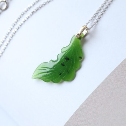 Unique Carved Leaf Green Nephrite Jade Pendant|Authentic Natural Art Deco Nephrite Necklace 925 silver Women|Dainty Handmade Jade Pendant - Image 2