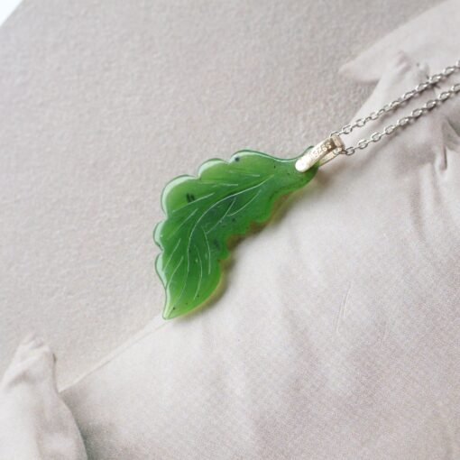 Unique Carved Leaf Green Nephrite Jade Pendant|Authentic Natural Art Deco Nephrite Necklace 925 silver Women|Dainty Handmade Jade Pendant - Image 6