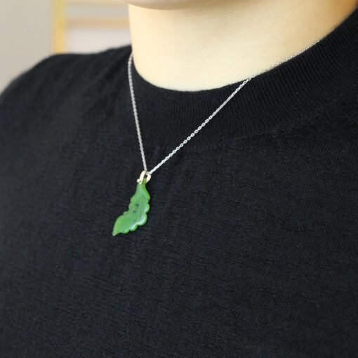 Unique Carved Leaf Green Nephrite Jade Pendant|Authentic Natural Art Deco Nephrite Necklace 925 silver Women|Dainty Handmade Jade Pendant - Image 8