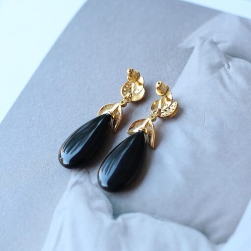Unique Black Agate Teardrop Earrings silver|Natural Black Agate Pear Earrings Women|Real Black Agate Jewelry|Modern Real Gemstone Earrings - Image 2