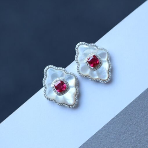 White Mother of Pearl Stud Earring s925 silver|Unique White Gemstone Stud Earrings With Red Zircon|Vintage Art Deco Rhombus Earrings Women - Image 2