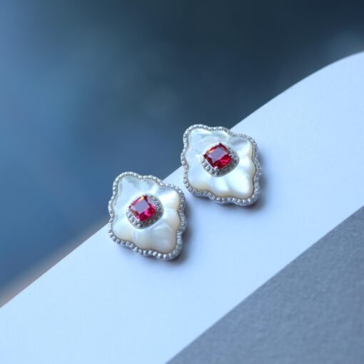 White Mother of Pearl Stud Earring s925 silver|Unique White Gemstone Stud Earrings With Red Zircon|Vintage Art Deco Rhombus Earrings Women