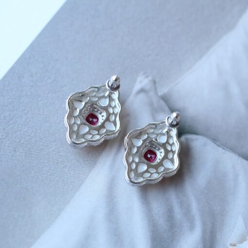 White Mother of Pearl Stud Earring s925 silver|Unique White Gemstone Stud Earrings With Red Zircon|Vintage Art Deco Rhombus Earrings Women - Image 5