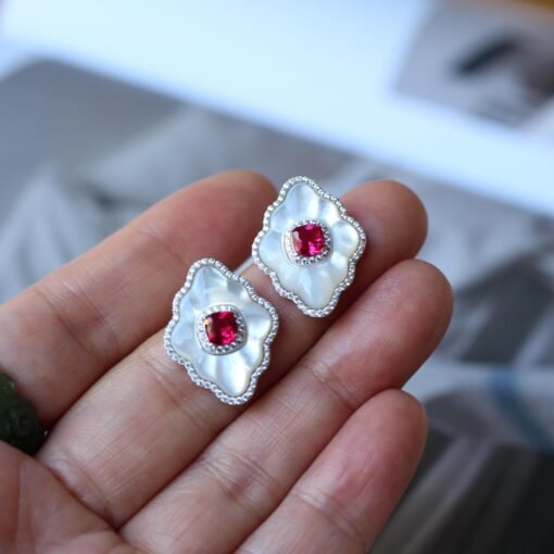 White Mother of Pearl Stud Earring s925 silver|Unique White Gemstone Stud Earrings With Red Zircon|Vintage Art Deco Rhombus Earrings Women - Image 3