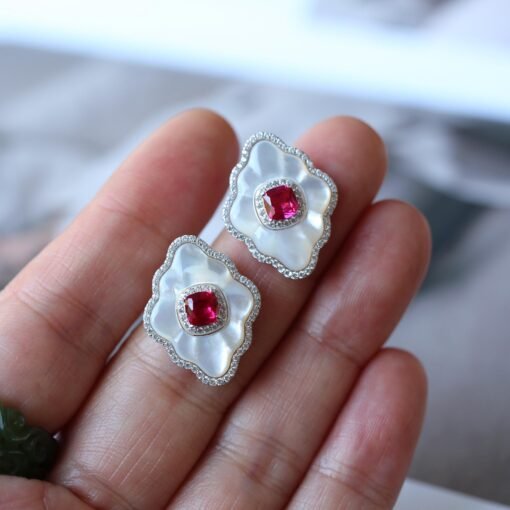White Mother of Pearl Stud Earring s925 silver|Unique White Gemstone Stud Earrings With Red Zircon|Vintage Art Deco Rhombus Earrings Women - Image 8