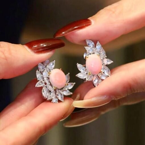 Natural Floral Pink Queen Conch Shell Stud earring silver|Art Deco Untreated xOval Pink Gemstone Jewelry|Unique White Zircon Earring Women - Image 4