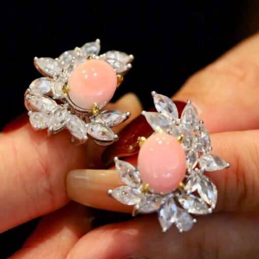 Natural Floral Pink Queen Conch Shell Stud earring silver|Art Deco Untreated xOval Pink Gemstone Jewelry|Unique White Zircon Earring Women - Image 2