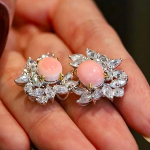 Natural Floral Pink Queen Conch Shell Stud earring silver|Art Deco Untreated xOval Pink Gemstone Jewelry|Unique White Zircon Earring Women - Image 6