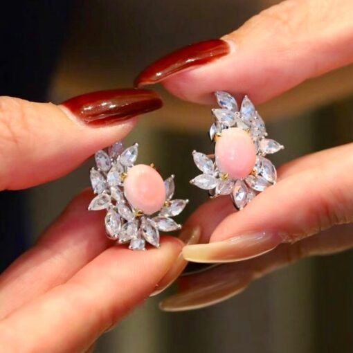 Natural Floral Pink Queen Conch Shell Stud earring silver|Art Deco Untreated xOval Pink Gemstone Jewelry|Unique White Zircon Earring Women