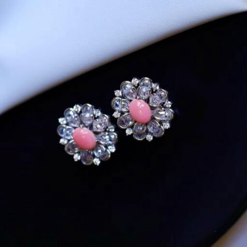Natural Floral Pink Queen Conch Shell drop earring silver|Unique Untreated Pink Gemstone Jewelry|Art Deco Petal Zircon Silver Earring Women - Image 3