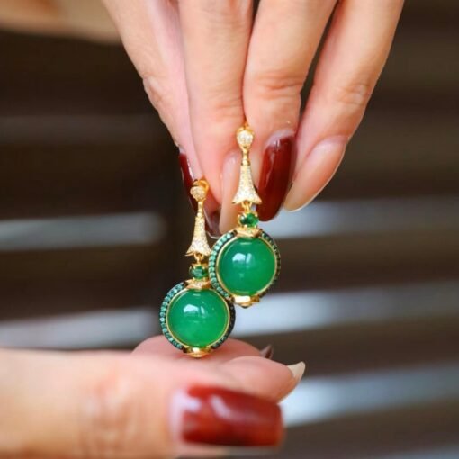 Authentic Cabochon Green Chalcedony Drop Earring 925 Silver|Unique Green Zircon Drop Earrings/Natural Vintage Green Gemstone Jewelry Women - Image 8
