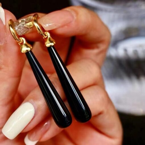 Genuine Long Pear Shape Black Agate Earrings Silver|Unique Black Gemstone Earrings Women|Statement Minimalist Black Agate Earring - Image 2