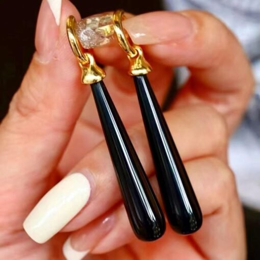 Genuine Long Pear Shape Black Agate Earrings Silver|Unique Black Gemstone Earrings Women|Statement Minimalist Black Agate Earring - Image 8
