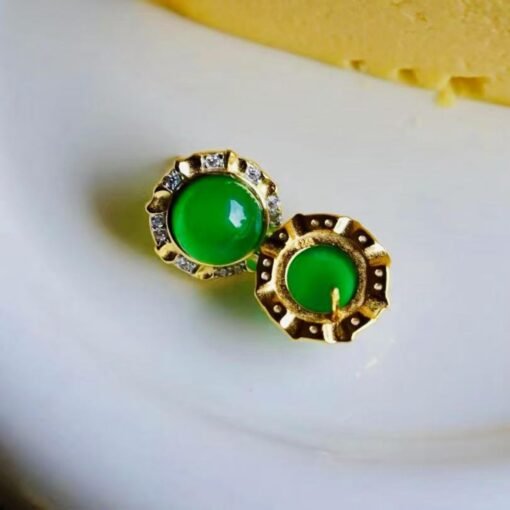 Authentic Cabochon Green Chalcedony Stud Earring 925 Silver|Unique Green Zircon Bezel Studs/Natural Vintage Green Gemstone Jewelry Women - Image 3