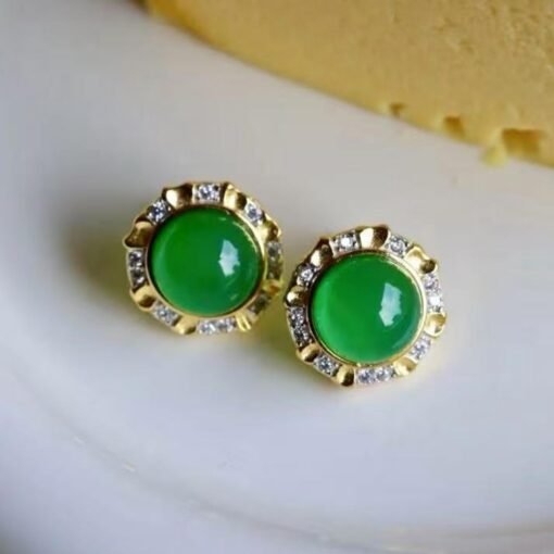 Authentic Cabochon Green Chalcedony Stud Earring 925 Silver|Unique Green Zircon Bezel Studs/Natural Vintage Green Gemstone Jewelry Women - Image 4