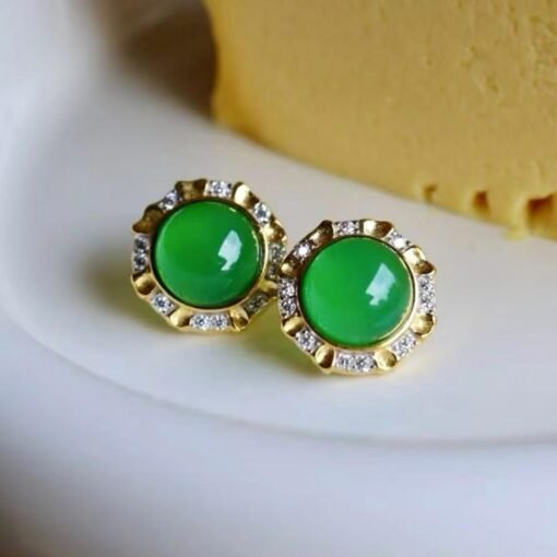Authentic Cabochon Green Chalcedony Stud Earring 925 Silver|Unique Green Zircon Bezel Studs/Natural Vintage Green Gemstone Jewelry Women - Image 2