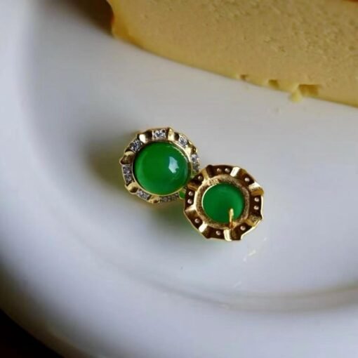 Authentic Cabochon Green Chalcedony Stud Earring 925 Silver|Unique Green Zircon Bezel Studs/Natural Vintage Green Gemstone Jewelry Women - Image 7