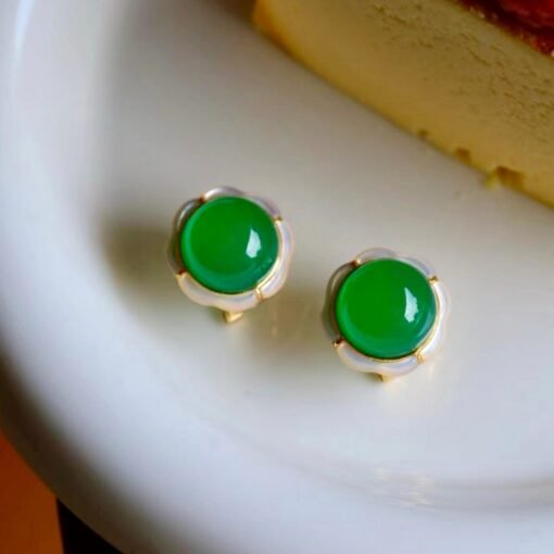 Authentic Cabochon Green Chalcedony Stud Earring 925 Silver|Unique Floral Green Gemstone Studs/Natural Modern Green Gemstone Jewelry Women - Image 2