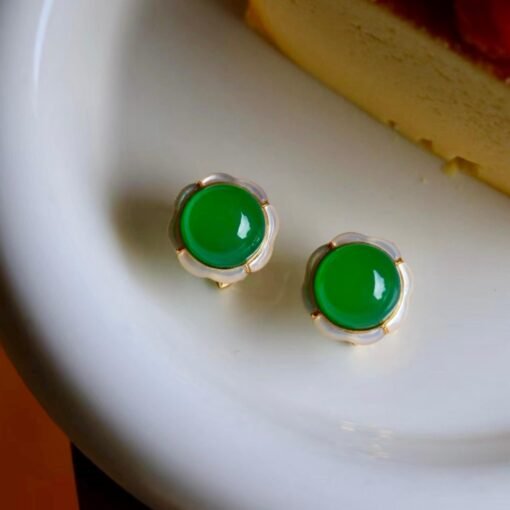 Authentic Cabochon Green Chalcedony Stud Earring 925 Silver|Unique Floral Green Gemstone Studs/Natural Modern Green Gemstone Jewelry Women - Image 4
