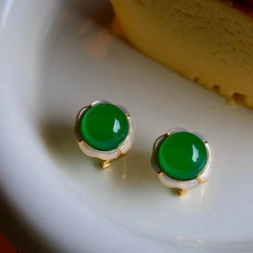 Authentic Cabochon Green Chalcedony Stud Earring 925 Silver|Unique Floral Green Gemstone Studs/Natural Modern Green Gemstone Jewelry Women - Image 5