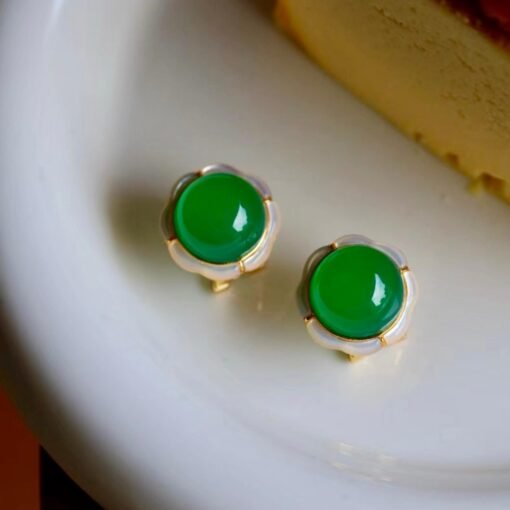 Authentic Cabochon Green Chalcedony Stud Earring 925 Silver|Unique Floral Green Gemstone Studs/Natural Modern Green Gemstone Jewelry Women - Image 6