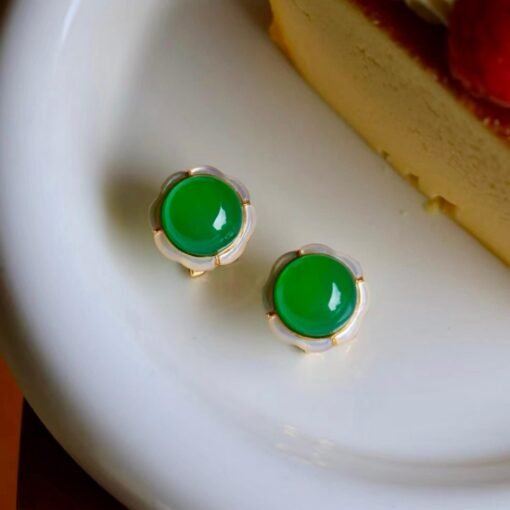 Authentic Cabochon Green Chalcedony Stud Earring 925 Silver|Unique Floral Green Gemstone Studs/Natural Modern Green Gemstone Jewelry Women - Image 7