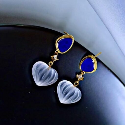 Natural Quartz with Lapis Lazuli Teardrop Earrings silver/Unique Chunky Quartz Drop Earrings Women/Art Deco Vintage Quartz Earrings Gold - Image 6