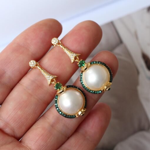 Natural Seawater Mabe Pearl Drop arrings s925 Silver|Vintage Bezel Mabe Pearl Earring|Unqiue Art Deco Pearl earring|Perfect wedding earrings - Image 6