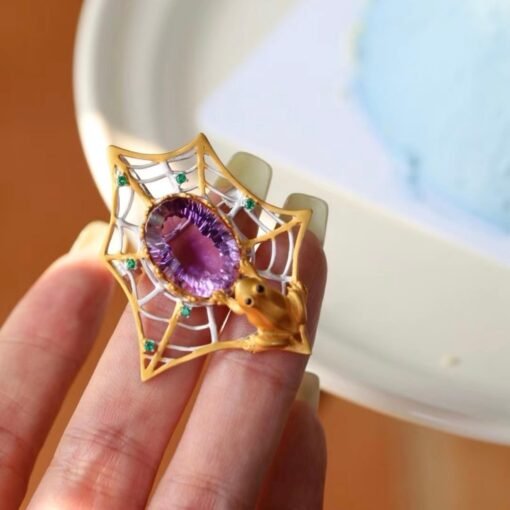 Unique Spider silver brooch with amethyst women/Vintage Amethyst brooch silver|Natural Gemstone brooches|Art deco brooch antique