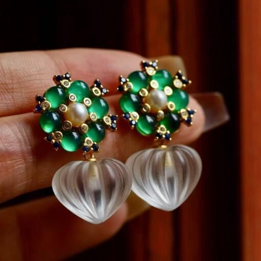 Natural Quartz with Green Chalcedony drop Earrings silver/Unique Chunky Quartz Drop Earrings Women/Art Deco Vintage Statement Quartz Earring