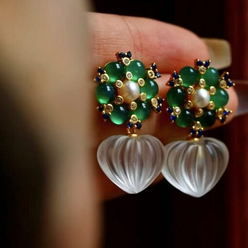 Natural Quartz with Green Chalcedony drop Earrings silver/Unique Chunky Quartz Drop Earrings Women/Art Deco Vintage Statement Quartz Earring - Image 8