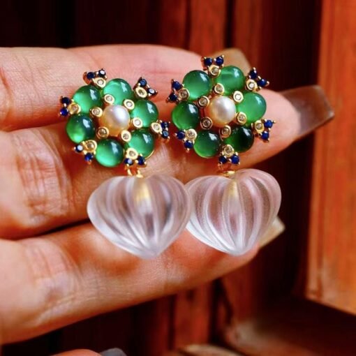 Natural Quartz with Green Chalcedony drop Earrings silver/Unique Chunky Quartz Drop Earrings Women/Art Deco Vintage Statement Quartz Earring - Image 7