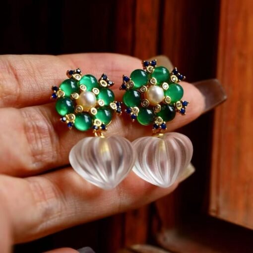 Natural Quartz with Green Chalcedony drop Earrings silver/Unique Chunky Quartz Drop Earrings Women/Art Deco Vintage Statement Quartz Earring - Image 5