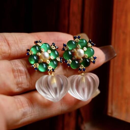 Natural Quartz with Green Chalcedony drop Earrings silver/Unique Chunky Quartz Drop Earrings Women/Art Deco Vintage Statement Quartz Earring - Image 2