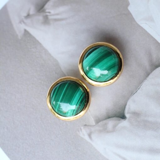 Natural Malachite Studs Earrings silver|Statement Malachite Jewelry|Charm Vintage reen Earring|Hemisphere Malachite Earringbridesmaids gift - Image 3