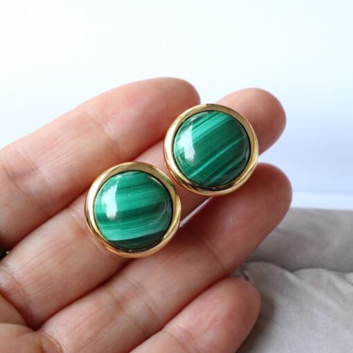 Natural Malachite Studs Earrings silver|Statement Malachite Jewelry|Charm Vintage reen Earring|Hemisphere Malachite Earringbridesmaids gift