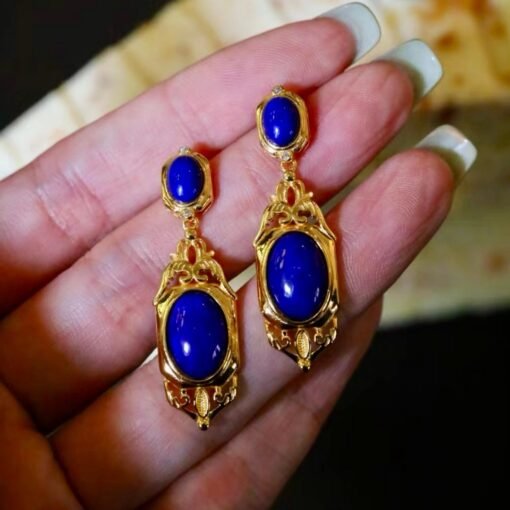 Vintage Lapis Lazuli Drop Gold Plated silver|Natural lapis lazuli Earrings womenUnique Blue Gemstone EarringArt deco lapis lazuli Earrings - Image 3