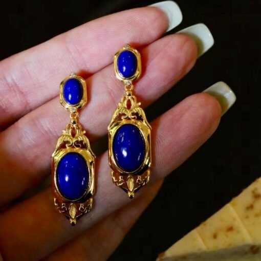 Vintage Lapis Lazuli Drop Gold Plated silver|Natural lapis lazuli Earrings womenUnique Blue Gemstone EarringArt deco lapis lazuli Earrings - Image 7