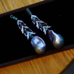 Unique Christmas Tree Baroque Pearl Drop Earrings with Zircon silver|Big Natural Genuine Pearl Earrings women|Modern Art Deco Pearl Earrings