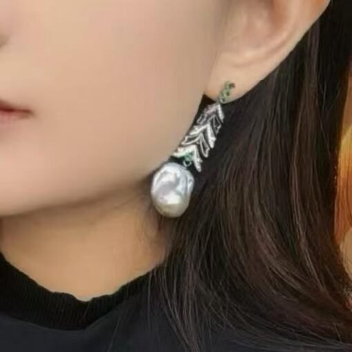 Unique Christmas Tree Baroque Pearl Drop Earrings with Zircon silver|Big Natural Genuine Pearl Earrings women|Modern Art Deco Pearl Earrings - Image 4