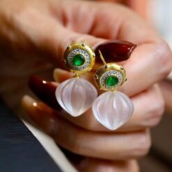 Natural Quartz with Green Chalcedony Teardrop Earrings silver/Unique Chunky Quartz Drop Earrings Women/Art Deco Vintage Quartz Earrings Gold